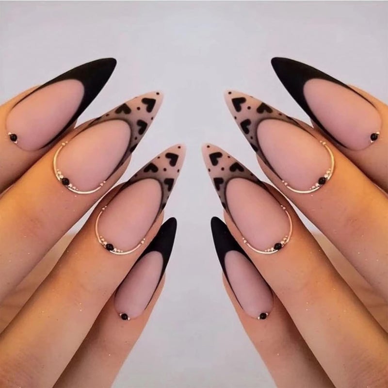 SINHOT French Tip Press on Nails Medium Almond Fake Nails Glossy False Nails Stiletto Glue on Nail with Design Cute Black Graffiti Full Cover Acrylic Nail (24Pcs,1 Glue) - Image 1